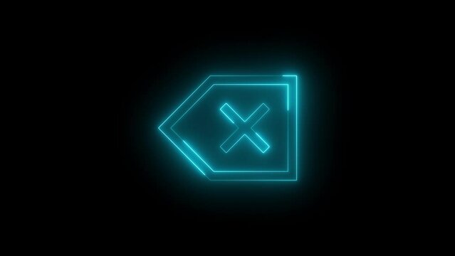 Neon glowing cyan color backspace icon on black background animation