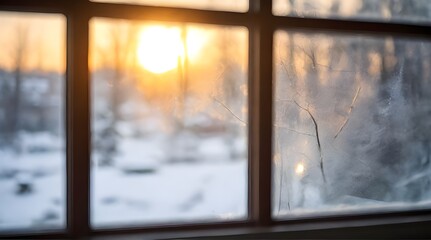 A window with a sunset in the background. The sky is orange and yellow, and there's snow outside. The window is also reflecting the sunset.