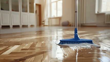 Floor Cleaning Mop and Cleanser Foam on Parquet - Cleaning Tools Scene - obrazy, fototapety, plakaty