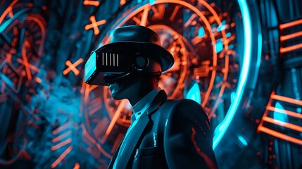 Futuristic Private Investigator Vintage Clock in Background - Detective Scene