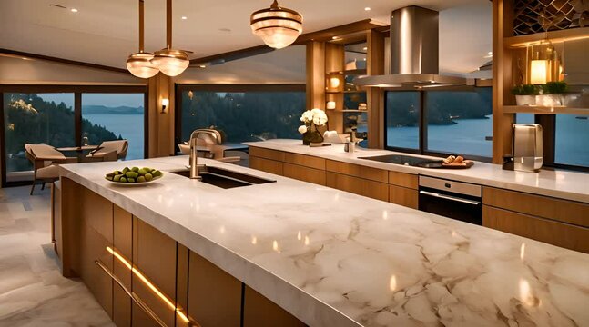 A Touch of Luxury: Leek Marble and Gold Fixtures Elevate a Cozy Galley Kitchen