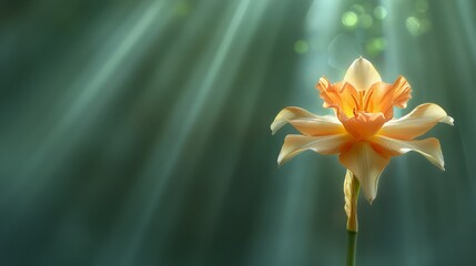   A flower, its petals in focus, against a verdant backdrop Light radiates from its heart
