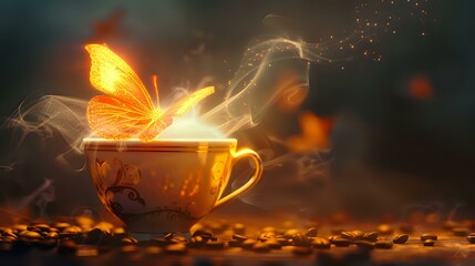 Coffee Cup with Mist Glowing Butterfly Floating Over - Refreshing Scene