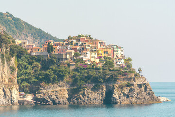 Panoramic view of the village of Corniglia, Manarola in the Cinque Terre National Park, Liguria, Italy, Europe.