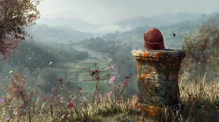 Atop a hill overlooking a tranquil valley, a beanie rests upon a weathered stone pillar, its rich color a striking contrast to the muted tones of the landscape below. 
