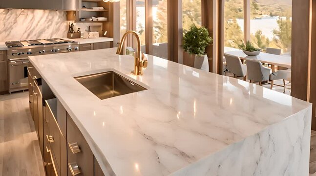 Nautical Elegance: A Galley Kitchen with Leek Marble Countertops and Gold Hardware