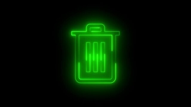 Neon glowing green color delete icon on black background animation