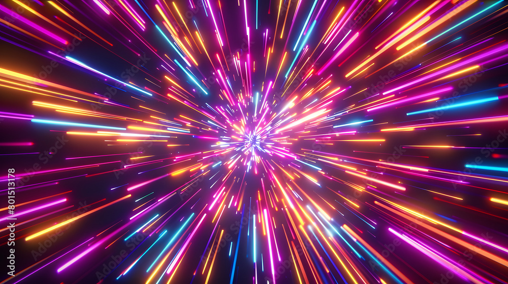 Wall mural neon lines converging in a psychedelic explosion of color 3d style isolated flying objects memphis s