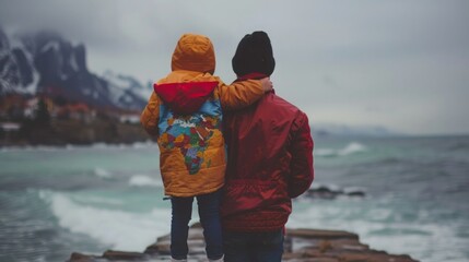Two individuals standing on a rocky beach, overlooking the ocean.