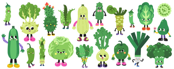 Cute cartoon green vegetables vector set on a white background.
