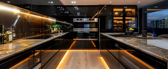 A sleek kitchen with glossy black cabinets and marble countertops, illuminated by recessed lighting.