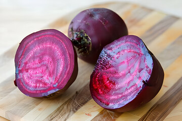 Beets halved on a light wood cutting board. High quality photo