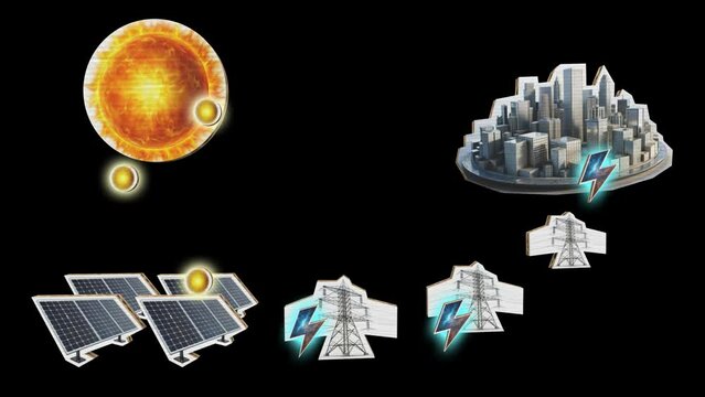 Solar panels are charged from the sun and transmit energy to the city, concept of pure energy. Stop motion animation in Cardboard style on transparent background