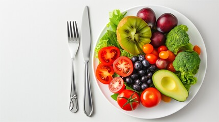 Healthy fruit and vegetable salad Clean food to lose weight Mixed vegetables and fruits on a plate.
