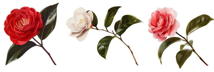 3 different camellias with waxy leaves, isolated on transparent background