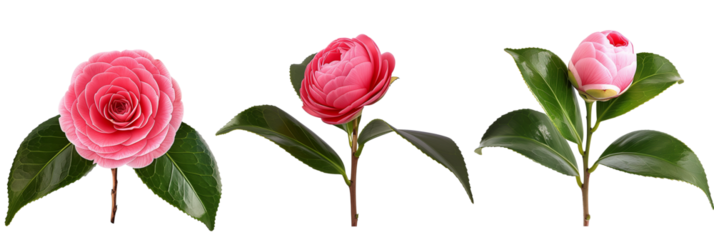 3 different camellias with waxy leaves, isolated on transparent background