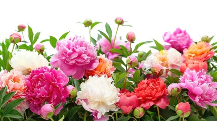 Vibrant Peony Bush: Colorful Blooms on White Background