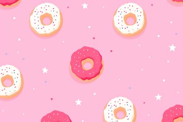 Pink background simple minimalistic seamless pattern, multicolored playful hand drawn cute lines and stars on sugar sprinkles on a donut, confetti