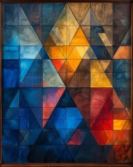 Create a mosaic artwork with a geometric pattern using shades of blue, yellow, orange, and red.