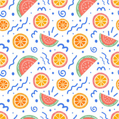 A bright seamless summer pattern with hand-drawn citrus fruits, watermelon and doodles in a nautical style. Fashionable vector illustration print for clothes, wrapping paper, summer outfits.