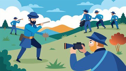 In a picturesque field a photographer captures the moment a troop of soldiers dressed in blue and gray engage in a handtohand combat reenactment of. Vector illustration