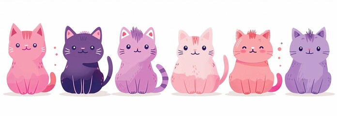 Obraz premium A row of pink cartoon cats isolated on a white background, with a simple flat illustration. The clip art set has a cute and simple design in a pink color palette without shadows