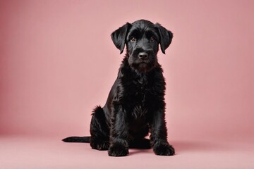 Giant Schnauzer puppy looking at camera, copy space. Studio shot.