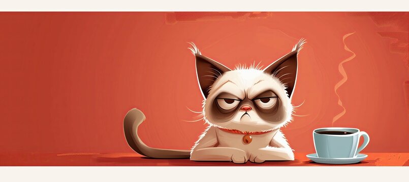 Cute grumpy cat cartoon style with cup of coffee. Disgruntled cat holding a cup. All you need is coffee