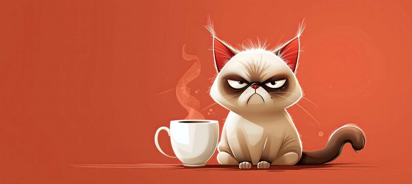Cute grumpy cat cartoon style with cup of coffee. Disgruntled cat holding a cup. All you need is coffee