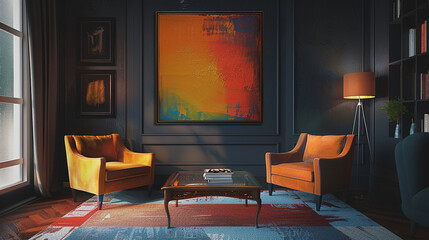 A single, vivid painting hanging on the wall of a dark, minimalist room, commanding attention with its bold colors.
