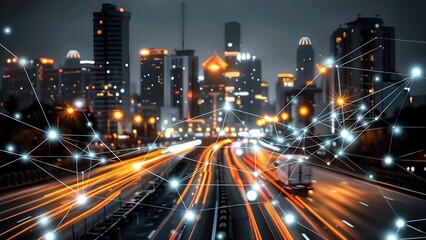 Virtual intelligent system analyzes data to connect vehicles and city streets. Concept Smart Transportation, Data Analysis, Connected Vehicles, Urban Infrastructure, Intelligent System