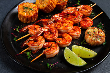 tiger prawns on skewers, shrimp kebab, with corn, fried, homemade, no people,