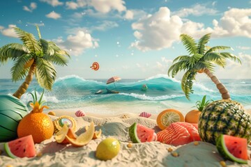 Obraz premium summer 3d background Travel and Vacation Poster Design with Beach Elements