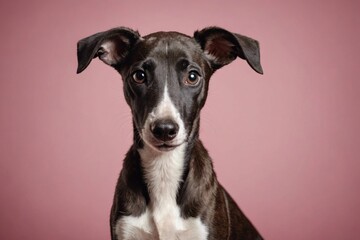 Greyhound puppy looking at camera, copy space. Studio shot.