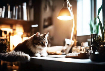 'cat girl concept home work space creative desk using play hand business office casual attire pet kitten keyboard workplace isolation online technology assistant notebook floor communication'