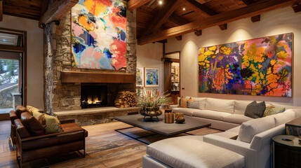 A cozy family room with a stone fireplace, plush sofas, and a bold abstract painting.