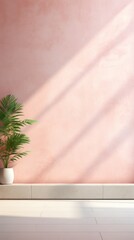 Pink minimalistic abstract empty stone wall mockup background for product presentation. Neutral industrial interior with light, plants, and shadow 