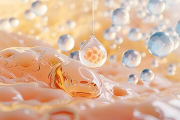 Cosmetic serum Oil drop on skin cell, Skin Repair, moisturizer, collagen serum, Exosome with Skin cells, 3d rendering.