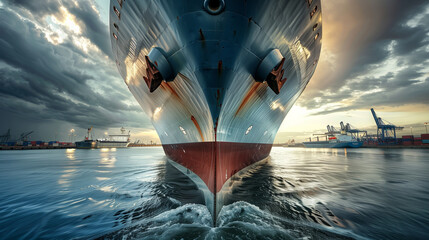 A close-up photo of a ship's bow entering the port, focus on the ship details against a busy port background, dramatic cloud-filled sky, Generative AI