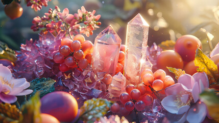 crystals intertwined with luscious fruits, creating a surreal tableau of shimmering elegance against