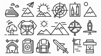 A series of line art icons representing various aspects of travel and adventure.