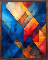 An abstract painting with a geometric pattern of blue, orange, yellow and red triangles.