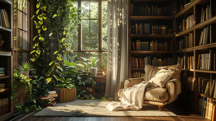 A cozy reading corner bathed in natural light, inviting you to lose yourself in a good book.