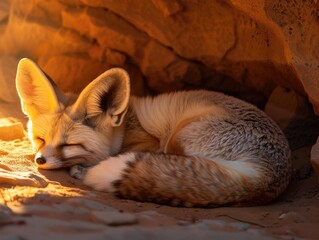 A Fennec fox curled up in a cozy nook within a desert cave. The warm light casts a golden glow, highlighting the fox's distinctive large ears and tranquil expression during a serene nap.