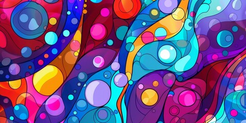 Abstract painting featuring a vibrant colors and numerous bubbles