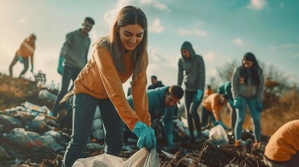 Enthusiastic Young Volunteers Engaged in Community Clean-Up, Emphasizing Teamwork and Environmental Care