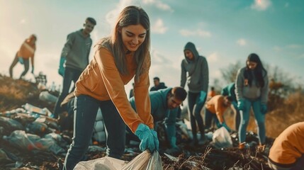 Enthusiastic Young Volunteers Engaged in Community Clean-Up, Emphasizing Teamwork and Environmental Care - Powered by Adobe