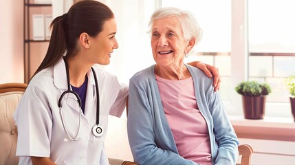 Obraz premium A joyful senior woman converses with her caregiver, capturing a moment of genuine connection and care in her home environment