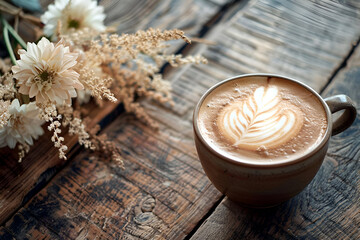 Rustic Coffee Artistry: Latte with a Beautiful Foam Design Served in a Brown Ceramic Cup, Accompanied by Dry Flowers on a Wooden Table, Perfect for Coffee Lovers’ Magazines