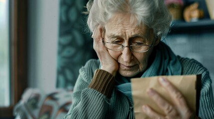 Emotional portrait of an elderly widow, with tears and a look of sorrow, clutching a letter as she mourns her husband's passing